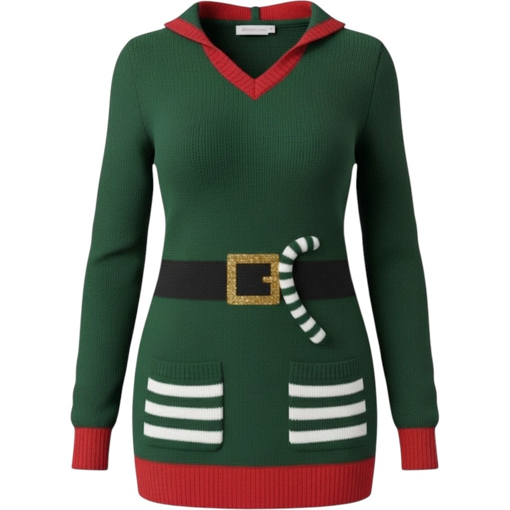 No Boundaries Womens Christmas Elf Hooded Tunic Sweater Green Red Large